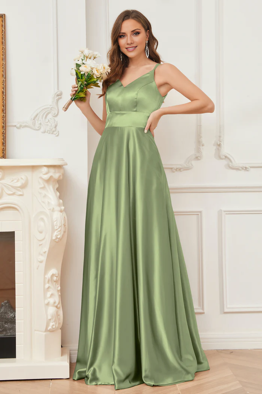 Thin shoulder strap V-neck soft satin and floor length bridesmaid dress