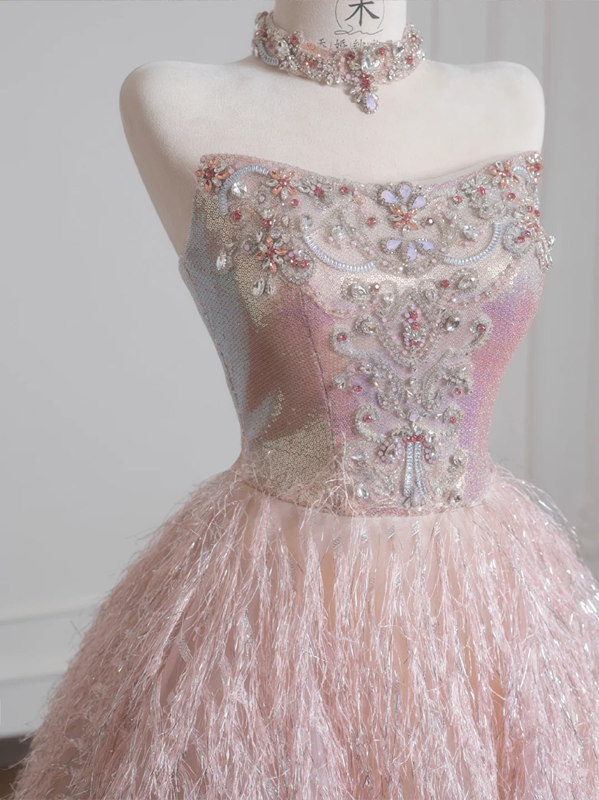 Light pink strapless, fitted waist, A-line skirt, long ball gown R8231