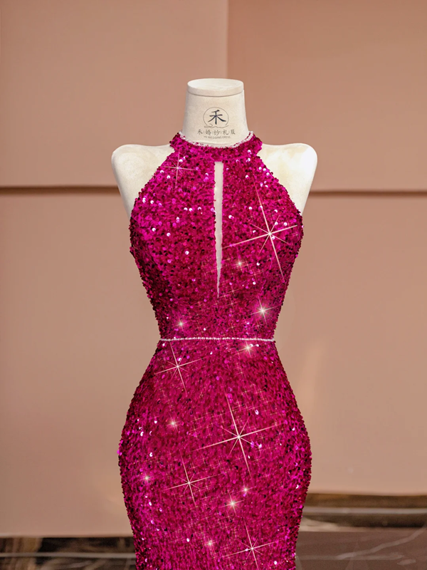 Rose pink halter neck fitted waist bodycon long ball gown/bridal dress R8396