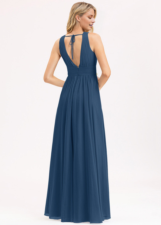 Bow Ruffle A-Line V-Neck Floor Length Chiffon Bridesmaids Dress