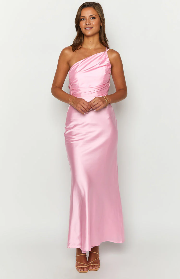 asymmetrical neckline backless satin side slit long Prom dress