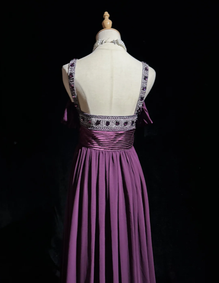 Stylish Spaghetti Straps Satin Beaded A Line Long Wedding Guest Dress Purple Long Evening Dress Party Gown