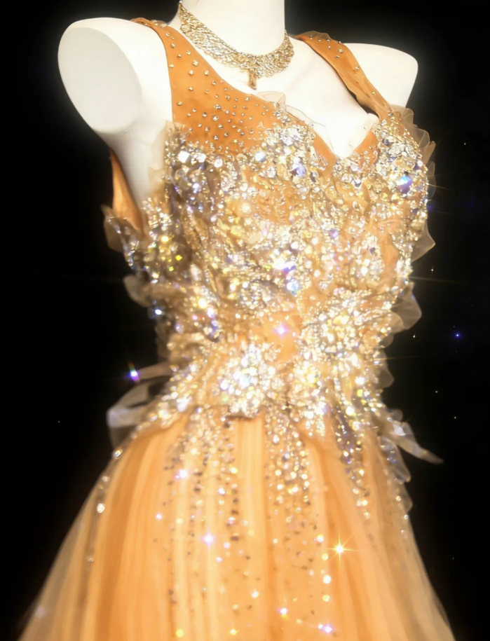 Elegant Yellow V Neck Tulle Beaded Mermaid Long Birthday Prom Dress Evening Gown SP1490