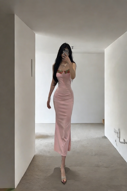 Light pink halter-neck fitted bodycon long sexy ball gown R8036
