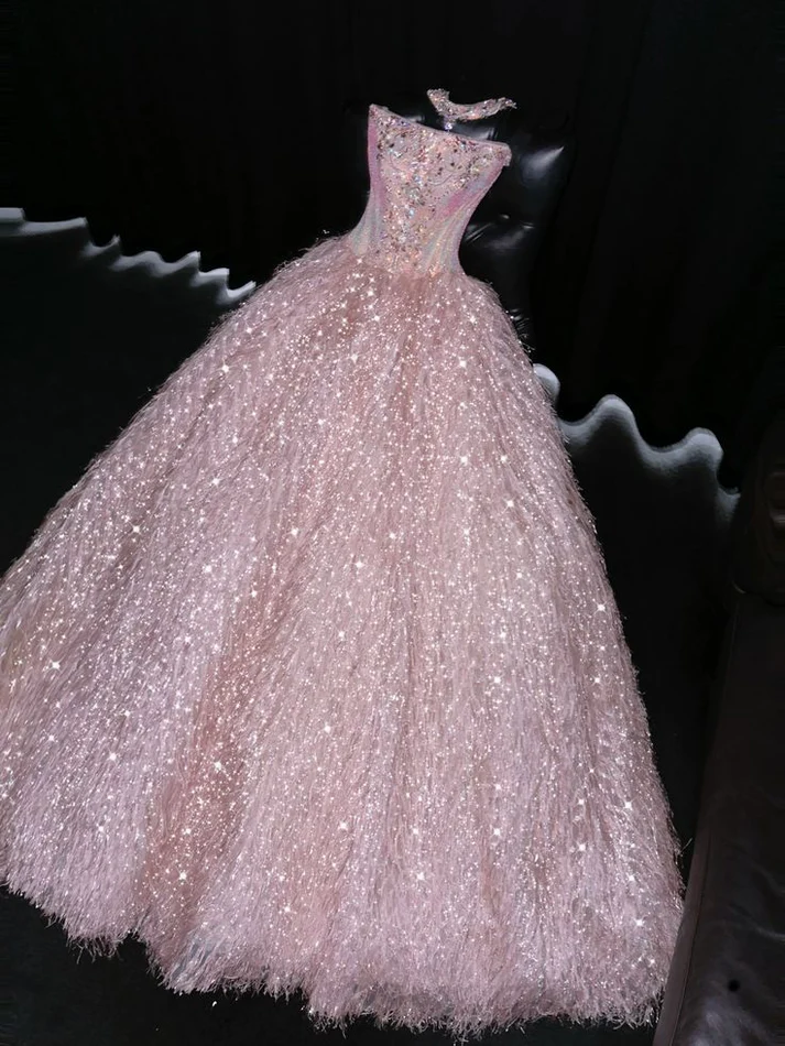 Exquisite Pink Beaded Feather Ball Gown Tulle Prom Dress Party Dress