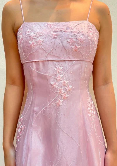 Vintage Pink A-Line Embroidery Prom Dress Long Chiffon Evening Dress Spaghetti Strap Formal Dress TP4575