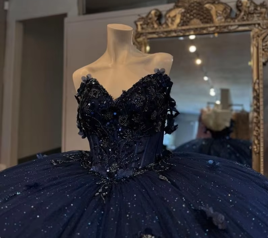 Mexico Navy Quinceanera Dress Ball Gown Floral Appliques Beaded Crystal Corset Sweet 16 Vestido De 15 Anos