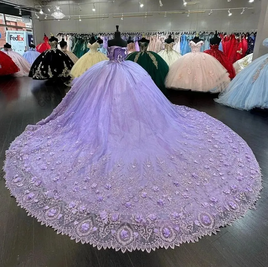 Mexico Purple Sweetheart Quinceanera Dress Beaded Appliques Corset Prom Dress 3D Flowers Ball Gown Sweet 16 Robe De Bal