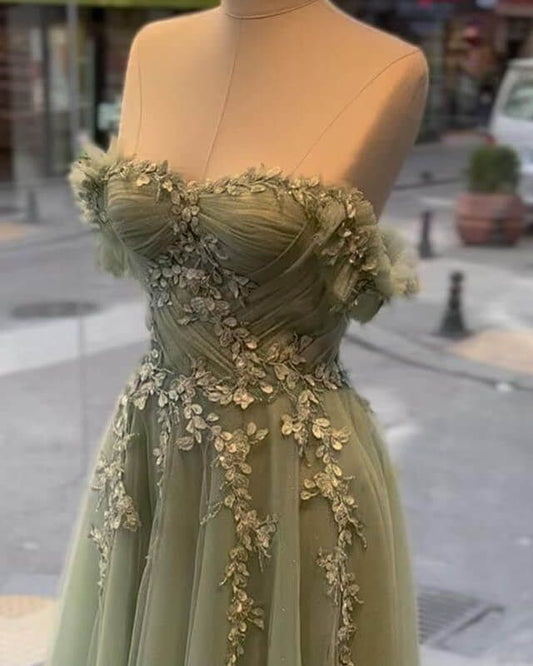 A line Sage Tulle Lace Appliques Dress Formal Dresses Evening Gown