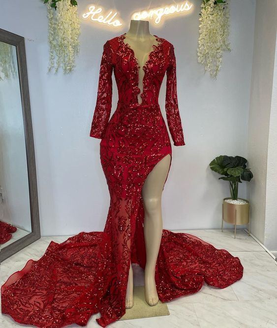 Sparkly Prom Dresses Long Sleeve V Neck Mermaid Elegant Prom Gown 2024 Formal Occasion Dresses