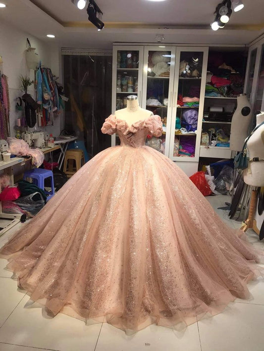 Champagne Pink Sparkly Dress Long Evening Dress Princess Sparkly Pink Dress Quinceanera Dress Ball Gowns