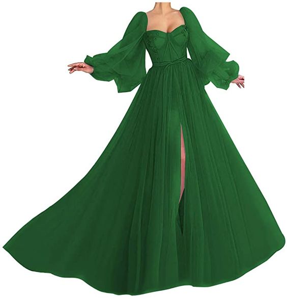 Puffy Sleeve Prom Dress Sweetheart Tulle Ball Gown Slit Formal Evening Gowns