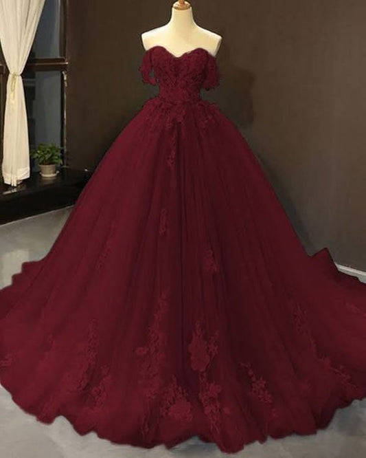 Ball Gown Tulle Off the Shoulder Sleeveless Applique Chapel Train Dresses
