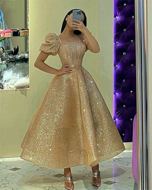 Glitter Champagne Sequined Prom Dresses Puff Short Sleeves Square Neck Ankle Length A Line Formal Evening Gowns