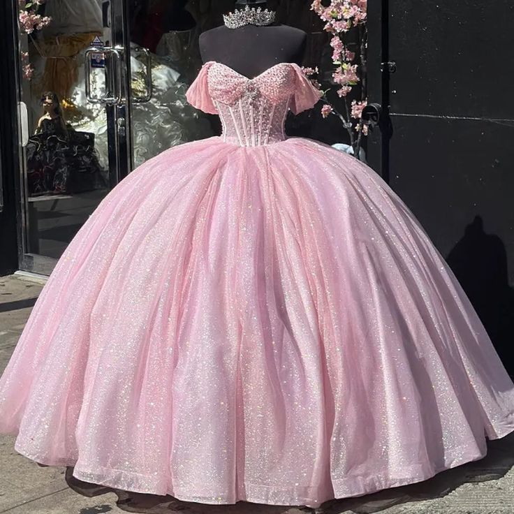 Glitter Pearls Pink Quinceanera Dresses Ball Gowns Sweet 15 16 Birthday Dress