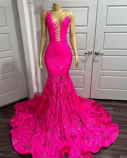 Pink Prom Dresses Sheer Crew Neck Prom Dresses Lace Evening Dresses Sexy Prom Dresses Fashion Evening Gowns