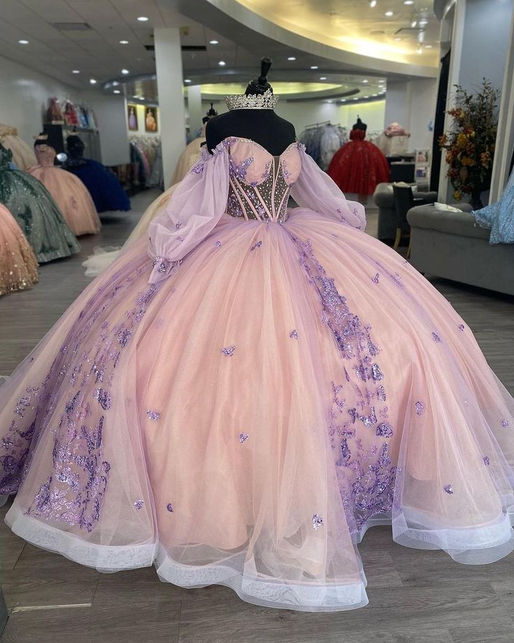 Princess 3D Butterfly Beading Crystal Ball Gown Quinceanera Dresses Illusion Sequined Appliques Lace Corset Vestidos De 15 Años