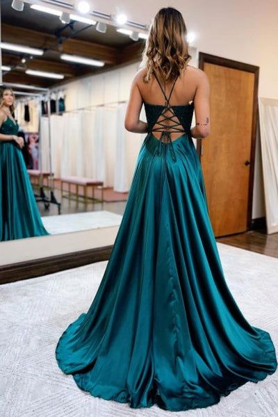 Spaghetti Straps Lace Applique Backless Evening Gowns With Split