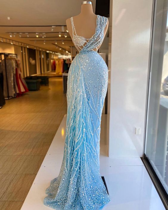 Luxury Sky Blue Evening Dresses Crystals Beaded Sleeveless Mermaid Long Length Tulle Sexy Women Prom Pageant Gowns