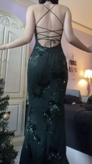 V Neck Green Prom Dresses Evening Gowns with Sequin Appliques