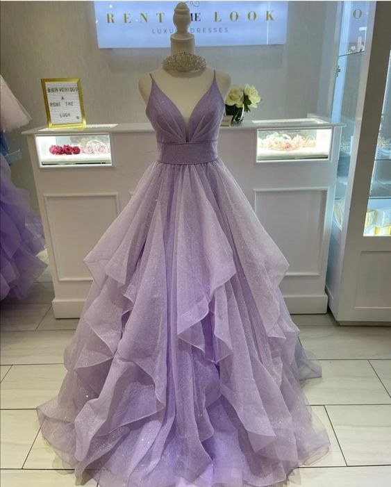 Purple A line V Neck Ruffle Prom Dress Glitter Purple Prom Gown