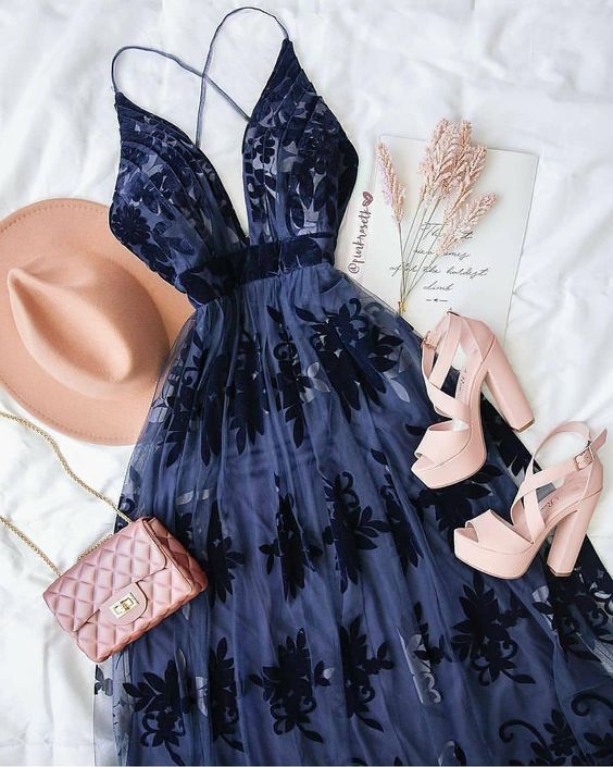 Navy blue prom dress long evening formal gown