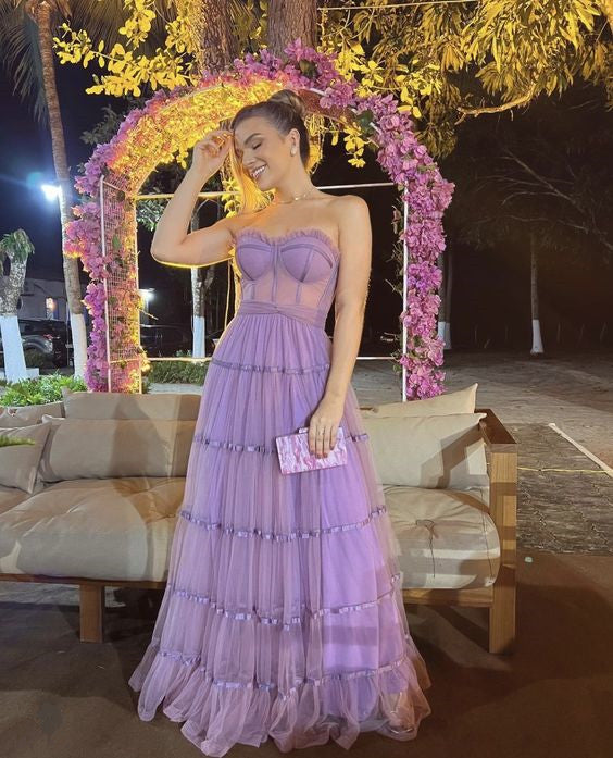 A Line Lilac Prom Dress Strapless Formal Evening Gown