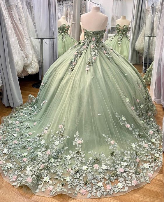 Green Ball Gown tulle long prom dress evening dress