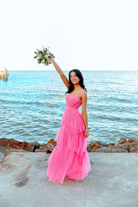 Beautiful Pink Tulle Long Formal Gown Party Prom Dresses