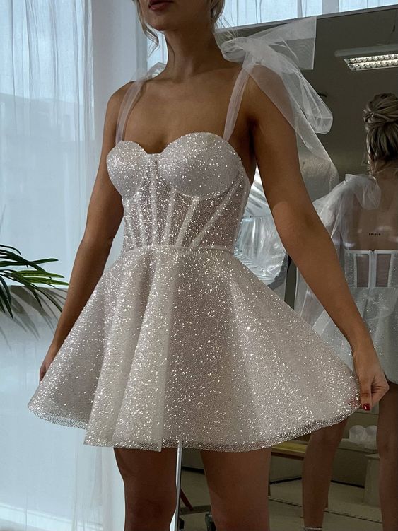 Glitter Tulle Homecoming Dress Sparkly for Teens Short Spaghetti Straps Fairy Party Gown