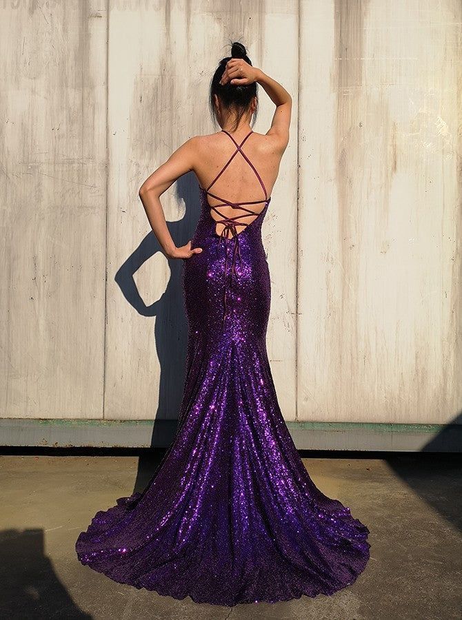 Purple Fashion Sexy Shiny Backless Halter Long Floor Length Train Sequined Ball Gown, Evening Gown, Party Dress gh3928