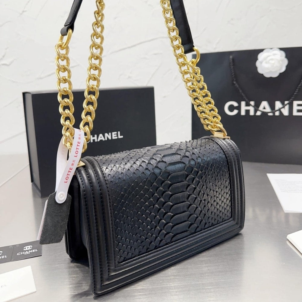 Chanel Boy Flap Bag Snake Leather Black 25Cm
