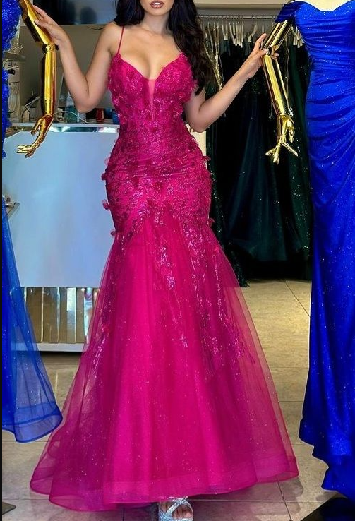 Elegant Spaghetti Straps Hot Pink Tulle Appliques Mermaid Birthday Party Dress Long Wedding Guest Dress SP1179