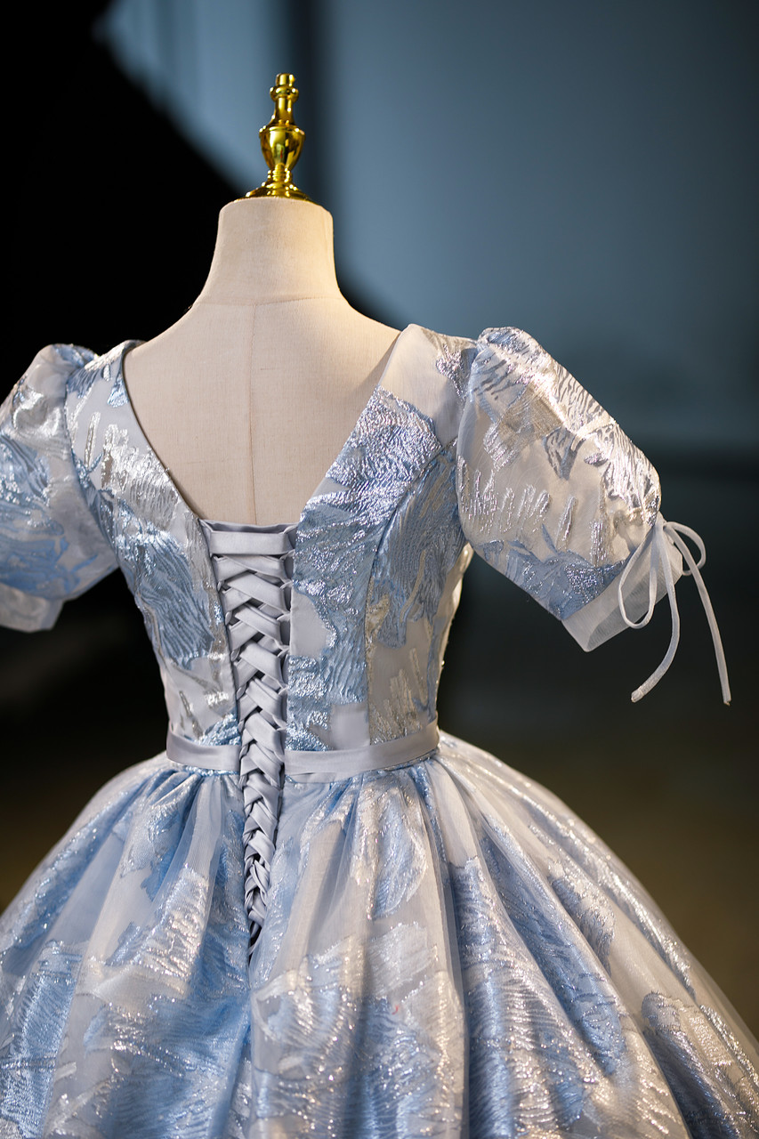 Elegant Blue Satin Print Princess Quinceanera Dress A Line Ball Gown cc1699