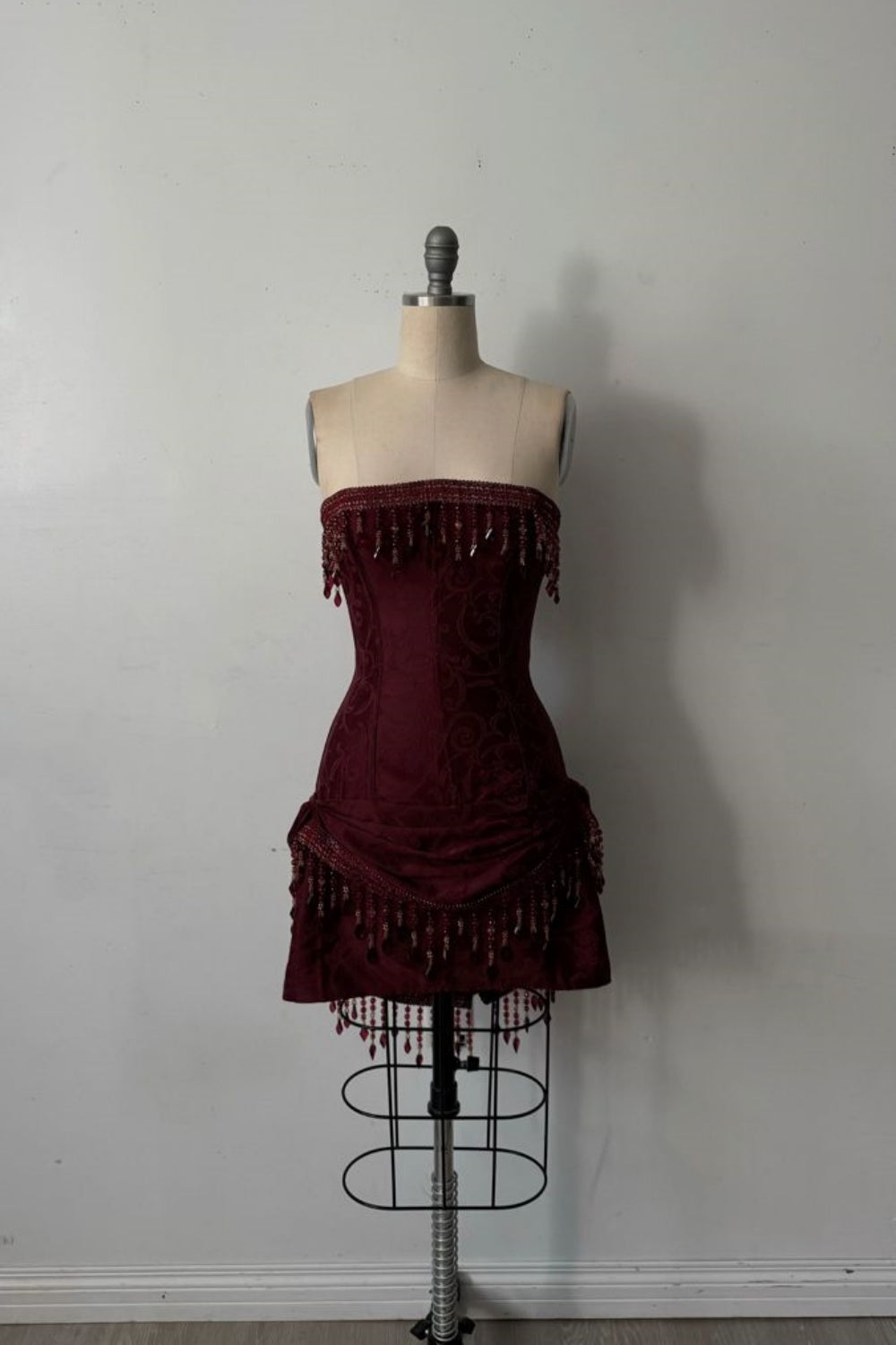 Burgundy Beaded Short Satin Birthday Party Dress gh6875