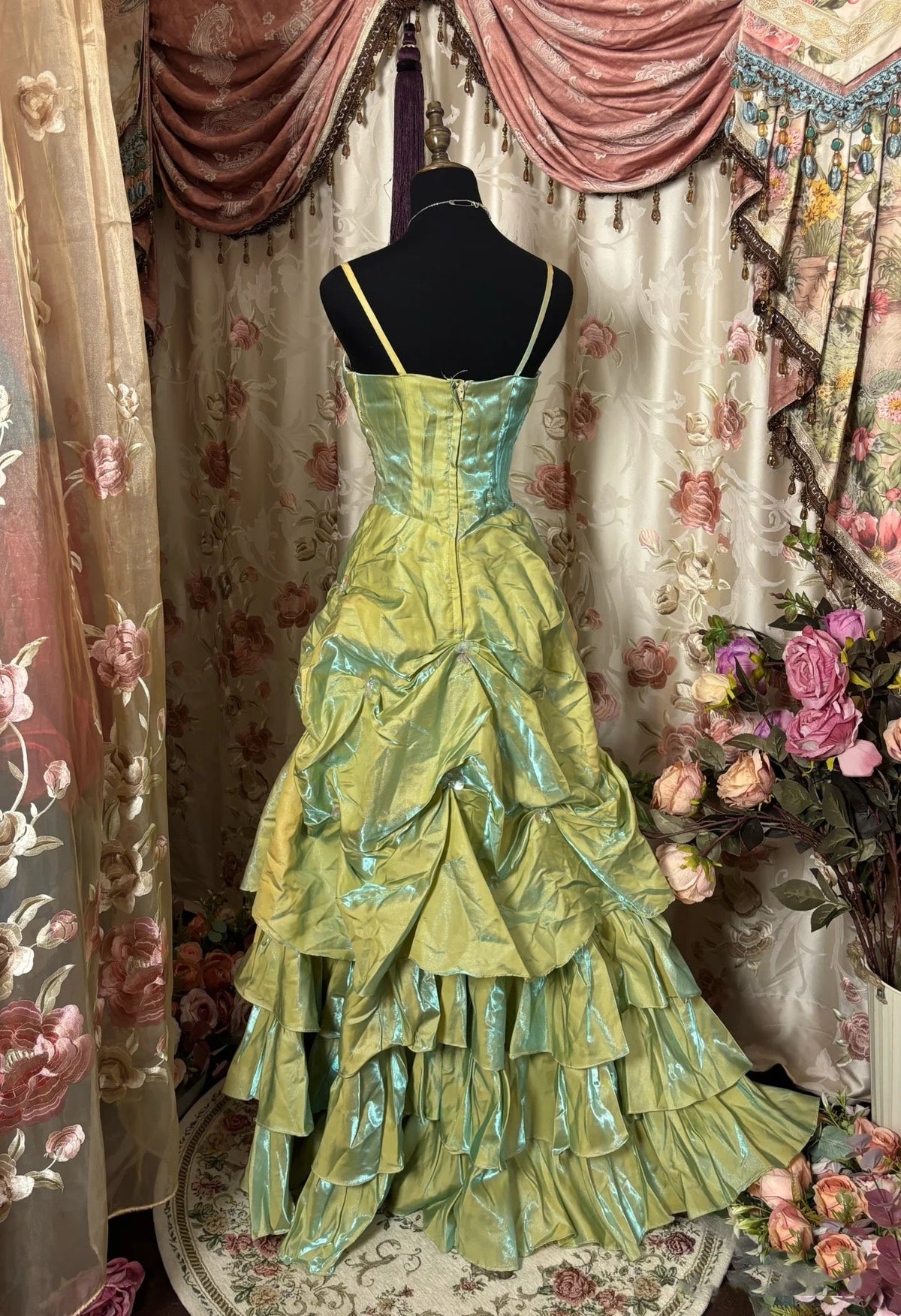 Retro Ball Gown Straps Satin Sage Green Long Party Dress Prom Dresses