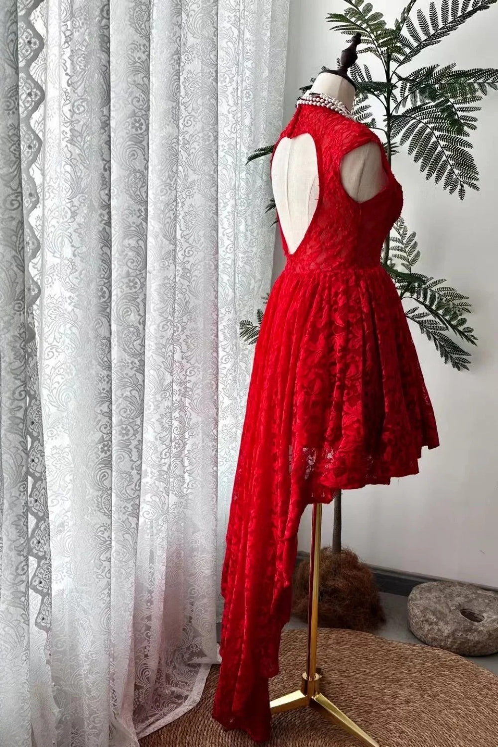 Bright Red Lace Stand Collar Gown: Asymmetrical Hem, Sleeveless Waist, Party Retro Mini Dress gh6582