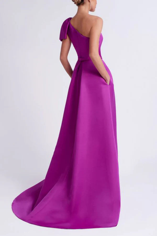 Unique satin A-shaped single shoulder butterfly strap pocket mother of the bride dresses