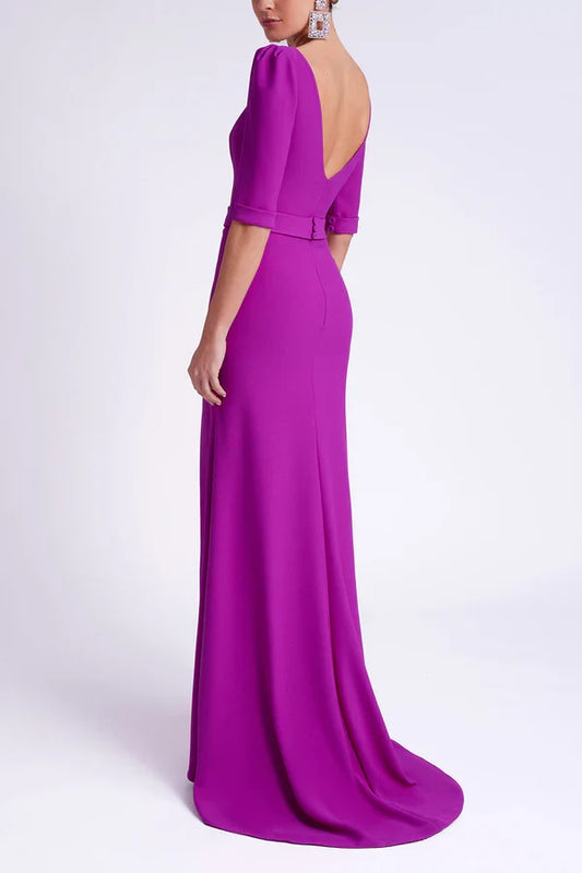 Spoon half sleeved satin empire slit mother of the bride dresses