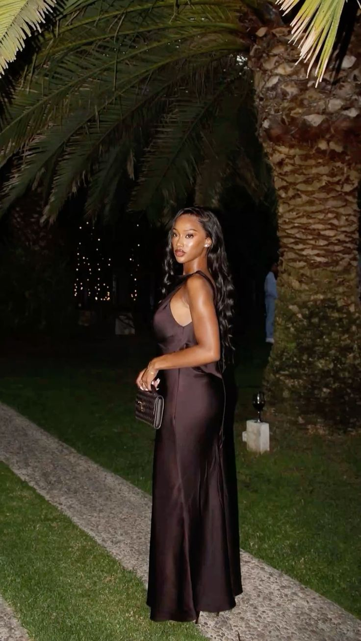 Sexy Sleeveless Satin Mermaid Brown Long Party Dress Prom Gown