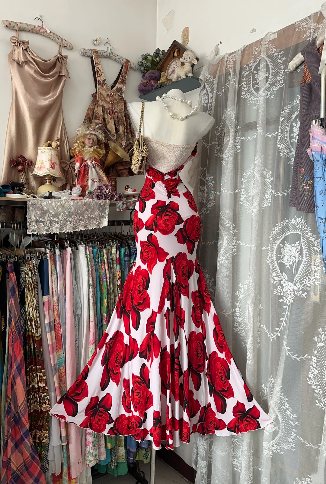 Rose print vintage strapless fitted waist bodycon elegant ball gown, evening ball dress gh7195