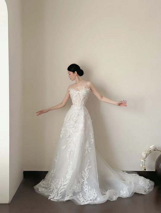 White strapless appliqué waist-cinched slim-fit long elegant prom dress, wedding dress R7958