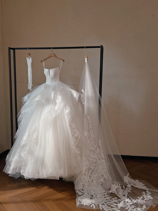 White suspender waist puffy tulle bridal dress R5699