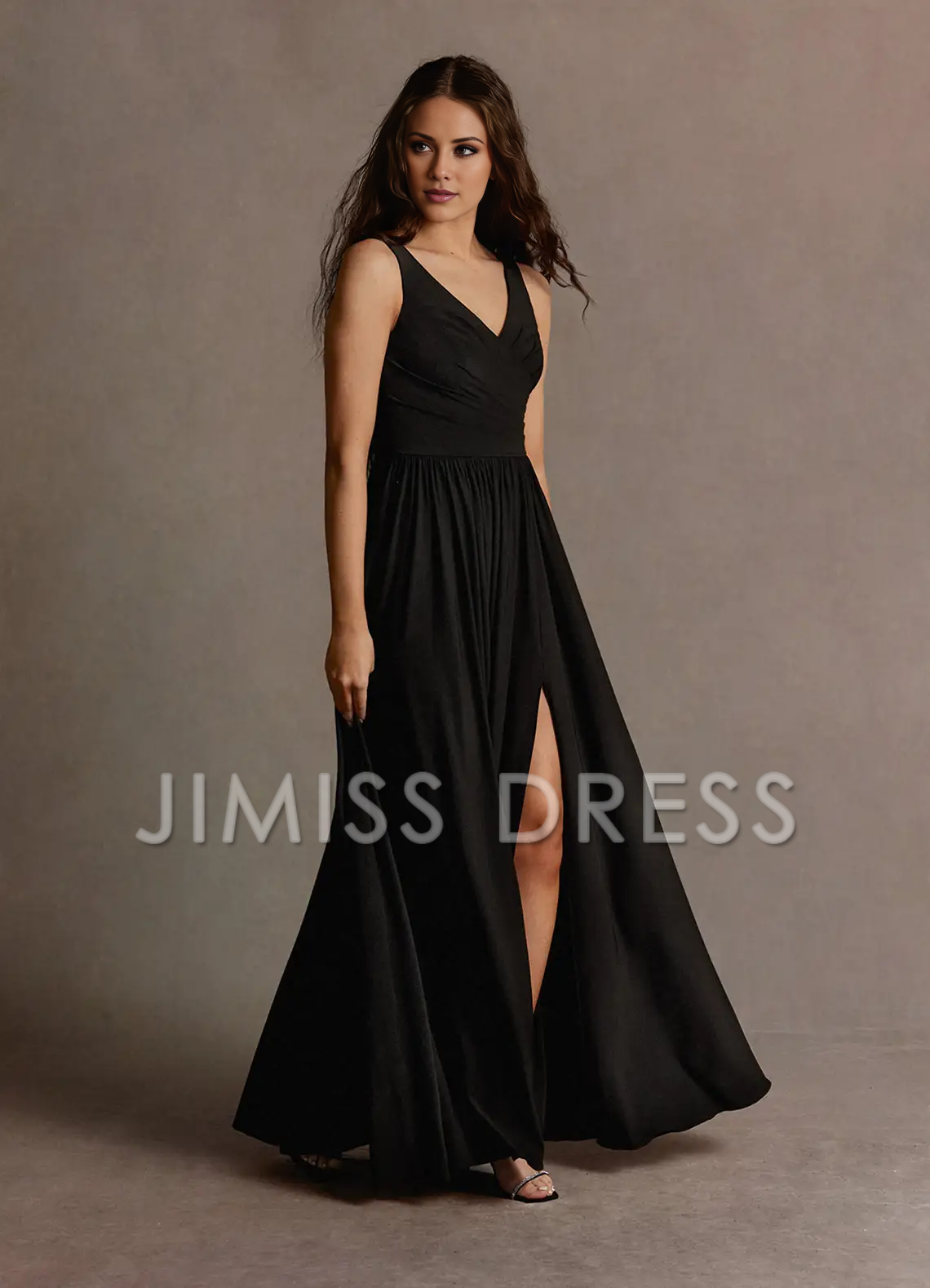 slim shoulder strap V-neck side slit and floor length Prom dress