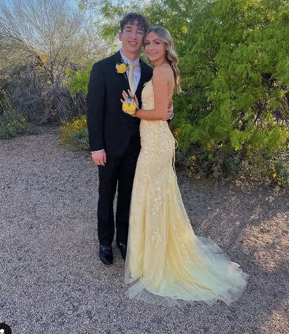Yellow Fashion Elegant Delicate Floral Embroidery Applique Long Lace Mermaid Slim Ball Gown Evening Gown Party Dress gh3356