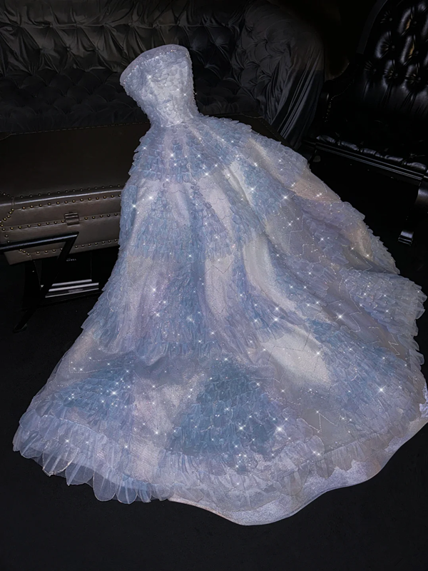 Light blue strapless, fitted waist, full skirt, long ball gown, bridal dress R8768