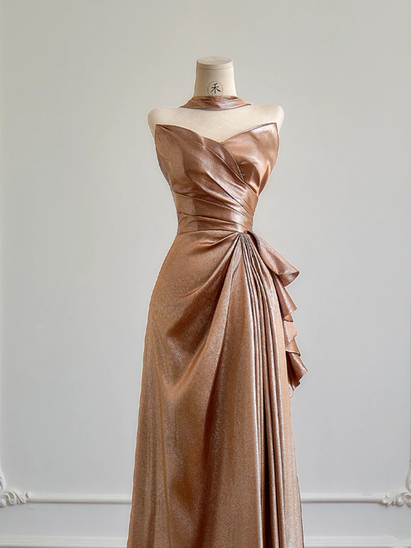 Brown strapless fitted waist elegant satin long ball gown R8166