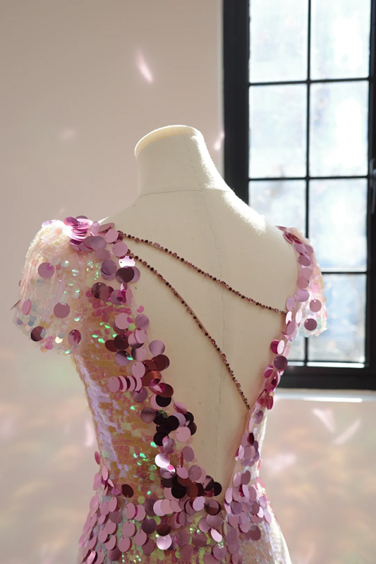 Pinkish-purple V-neck sequined fitted long ball gown, bridal dress R8554