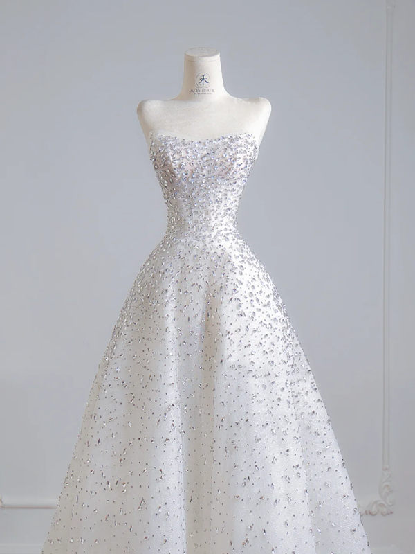 White strapless, fitted A-line long ball gown R8145