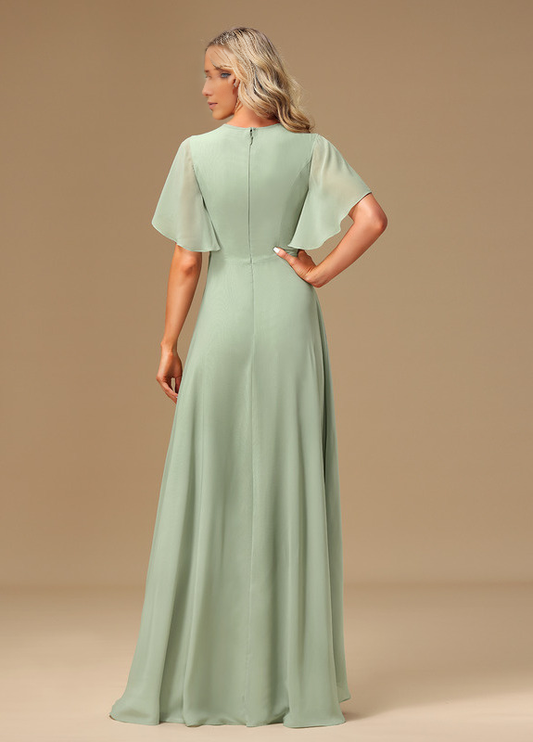 Ruffled A-line Boat Neck Asymmetric Chiffon Bridesmaids Dress